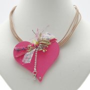 Pink Wooden Heart with multi strands Necklace
