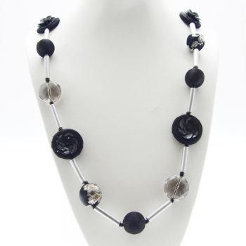 About Face Jewellery Silver Tube Bead & Black Fabric Bead Long Necklace