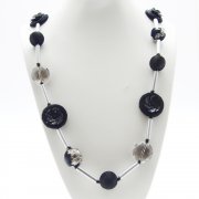 Silver Tube Bead & Black Fabric Bead Long Necklace