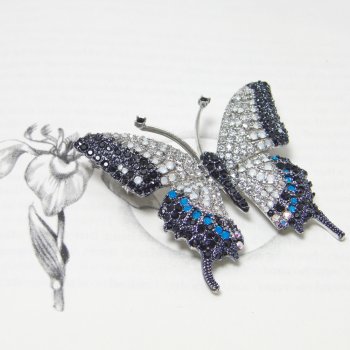 Elegant Clear, Blue & Black Swarovski Crystal Butterfly Brooch