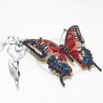 Elegant Red, Black & Blue Swarovski Crystal Butterfly Brooch