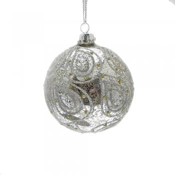 Gisela Graham  Antiqued Silver with Glitter Paisley Glass Bauble Christmas Tree Decoration