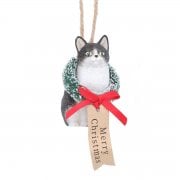 Gisela Graham Black and White Cat with Merry Christmas Wreath Christmas Tree Decoration