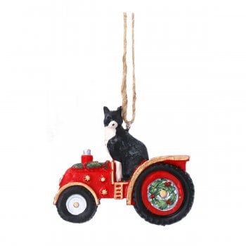 Gisela Graham  Black & White Cat with a Red Tractor Christmas Tree Decoration