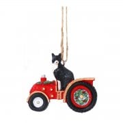 Gisela Graham Black & White Cat with a Red Tractor Christmas Tree Decoration