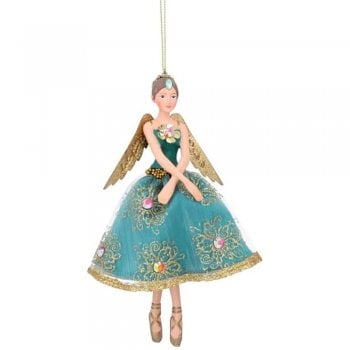 Gisela Graham  Carnival Jewelled Jade Printed Dress Large Fairy Christmas Tree Decoration