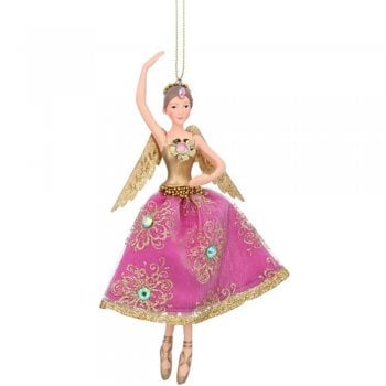 Gisela Graham  Carnival Jewelled Pink Printed Dress Large Fairy Christmas Tree Decoration