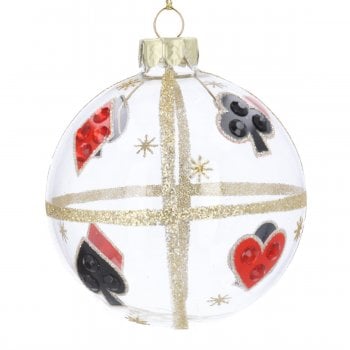 Gisela Graham  Clear Glass Bauble with Playing Card Suit Motifs and Jewels Christmas Tree Decoration