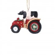 Gisela Graham Cow with a Red Tractor Christmas Tree Decoration