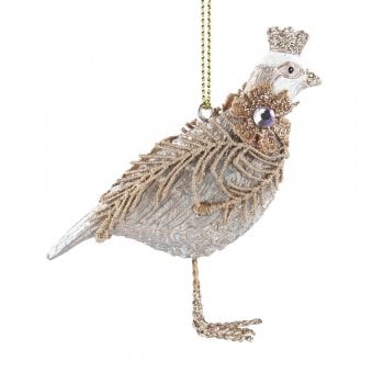 Gisela Graham  Cream and Gold Partridge with Crown Christmas Tree Decoration