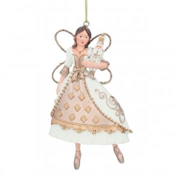 Gisela Graham  Cream and Gold Resin Ballerina Holding a Nutcracker Christmas Tree Decoration
