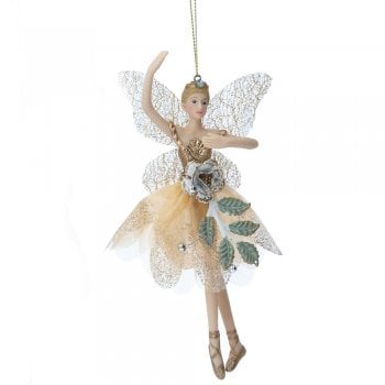 Gisela Graham  Cream & Gold Fairy with Rose (Arm Up) Christmas Tree Decoration