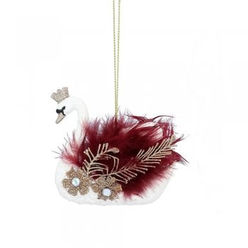 Gisela Graham  Cream Swan with Burgundy Feathers Christmas Tree Decoration