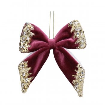 Gisela Graham  Deep Pink Velvet Bow with Gold Trim Christmas Tree Decoration