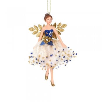 Gisela Graham  Delft Blue White Gold Fairy (blue top) Christmas Tree Decoration