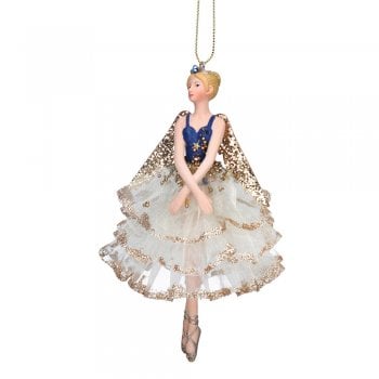 Gisela Graham  Delft Blue White Gold Fairy (white skirt) Christmas Tree Decoration