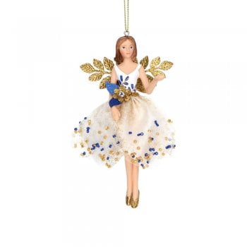 Gisela Graham  Delft Blue White Gold Fairy (white top) Christmas Tree Decoration