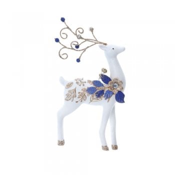 Gisela Graham  Delft Blue White Gold Reindeer (large leaf) Christmas Tree Decoration