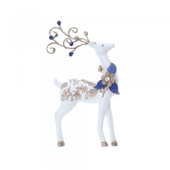 Gisela Graham  Delft Blue White Gold Reindeer (small leaf) Christmas Tree Decoration