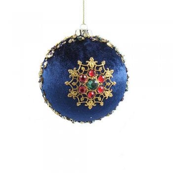 Gisela Graham  Folk Art Blue Velvet Bauble Shape with Jewels Christmas Tree Decoration