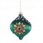Gisela Graham Folk Art Green Velvet Bauble Shape with Jewels Christmas Tree Decoration