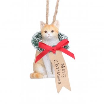 Gisela Graham  Ginger and White Cat with Merry Christmas Wreath Christmas Tree Decoration