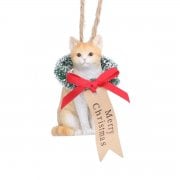 Gisela Graham Ginger and White Cat with Merry Christmas Wreath Christmas Tree Decoration