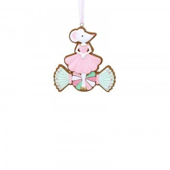Gisela Graham  Gingerbread Ballerina Mouse with a Pale Pink Dress on a Sweet Christmas Tree Decoration