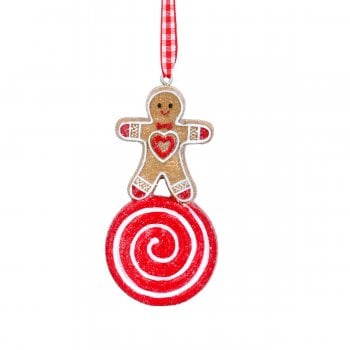 Gisela Graham  Gingerbread Man on a Sweet (red spiral) Christmas Tree Decoration