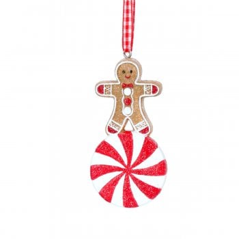 Gisela Graham  Gingerbread Man on a Sweet (red stripe) Christmas Tree Decoration