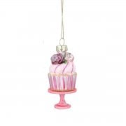 Gisela Graham Glass Cake on a Stand (Purple Flower) Christmas Tree Decoration