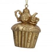 Gisela Graham Gold Cake with Teapot Stack Resin Christmas Tree Decoration