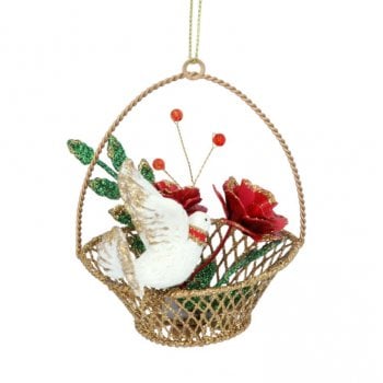 Gisela Graham  Gold Metal Basket with Dove and Roses Christmas Tree Decoration
