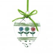 Gisela Graham Green Bows and Flowers Glass Heart with Velvet Ribbon Hanging Spring Decoration