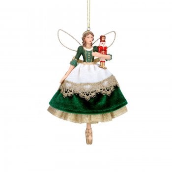 Gisela Graham  Green Velvet Resin Ballerina with Nutcracker Christmas Tree Decoration