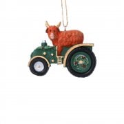 Gisela Graham Highland Cow with a Green Tractor Christmas Tree Decoration
