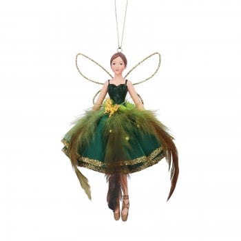 Gisela Graham  Large Green Feather Skirt Fairy Christmas Tree Decoration
