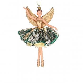 Gisela Graham  Large Green & Gold Velvet & Lace Fairy (arms out)  Christmas Tree Decoration