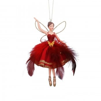 Gisela Graham  Large Red Feather Skirt Fairy Christmas Tree Decoration