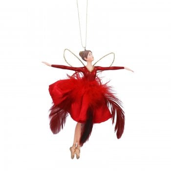 Gisela Graham  Large Red Feather Skirt Flying Fairy Christmas Tree Decoration