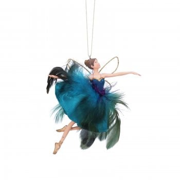 Gisela Graham  Large Teal Feather Skirt Flying Fairy Christmas Tree Decoration