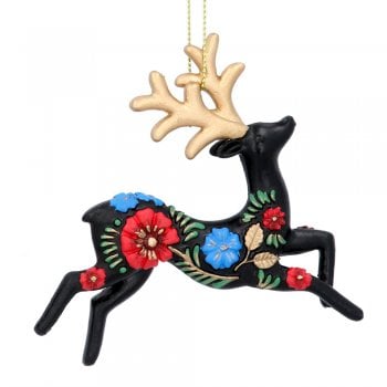 Gisela Graham  Matt Black Folk Art Floral Stag Christmas Tree Decoration