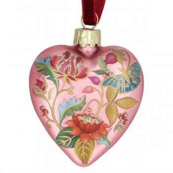 Gisela Graham  Matt Dusky Pink Floribunda Glass Heart Christmas Tree Decoration