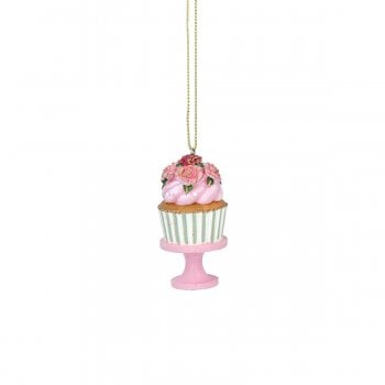 Gisela Graham  Mini Resin Cake on a Stand (Green and White Stripe) Christmas Tree Decoration