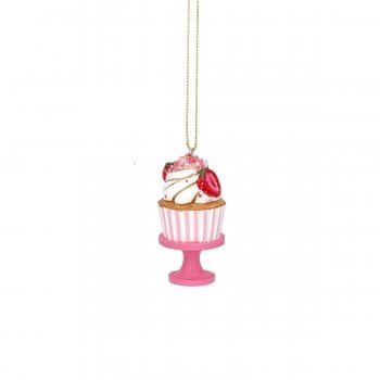Gisela Graham  Mini Resin Cake on a Stand (Pink and White Stripe) Christmas Tree Decoration