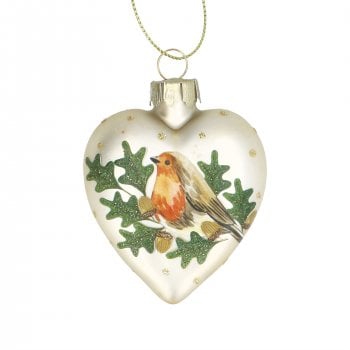 Gisela Graham  Pale Gold Glass Heart with Robin and Oak Christmas Tree Decoration
