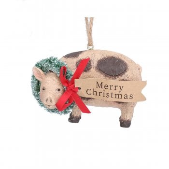 Gisela Graham  Pig with Merry Christmas Wreath Christmas Tree Decoration