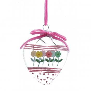 Gisela Graham  Pink Bows and Flowers Glass Heart with Velvet Ribbon Hanging Spring Decoration