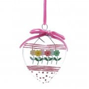 Gisela Graham Pink Bows and Flowers Glass Heart with Velvet Ribbon Hanging Spring Decoration