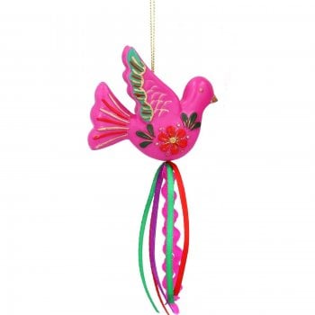 Gisela Graham  Pink Floral Bird with Ribbons Christmas Tree Decoration